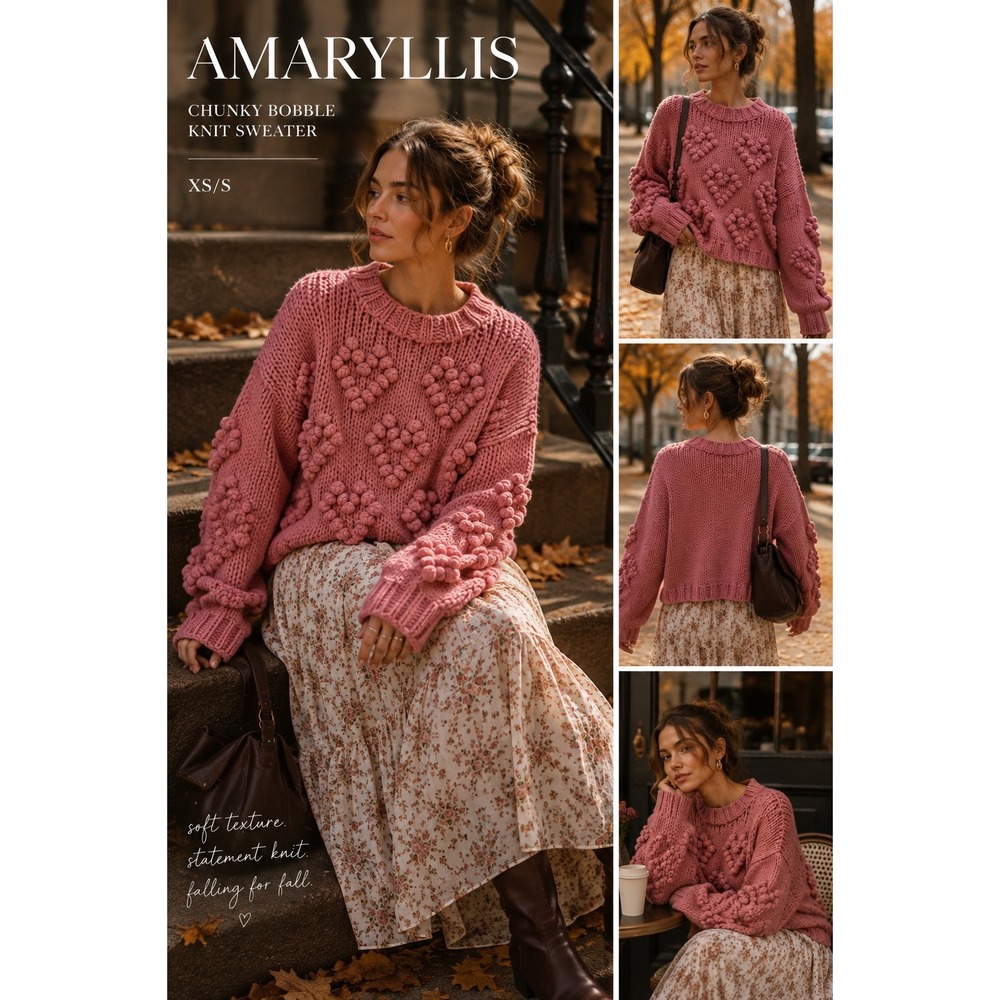 Amaryllis XS/S Pink Chunky Bobble Knit Sweater Oversized Grandmacore Cottagecore
